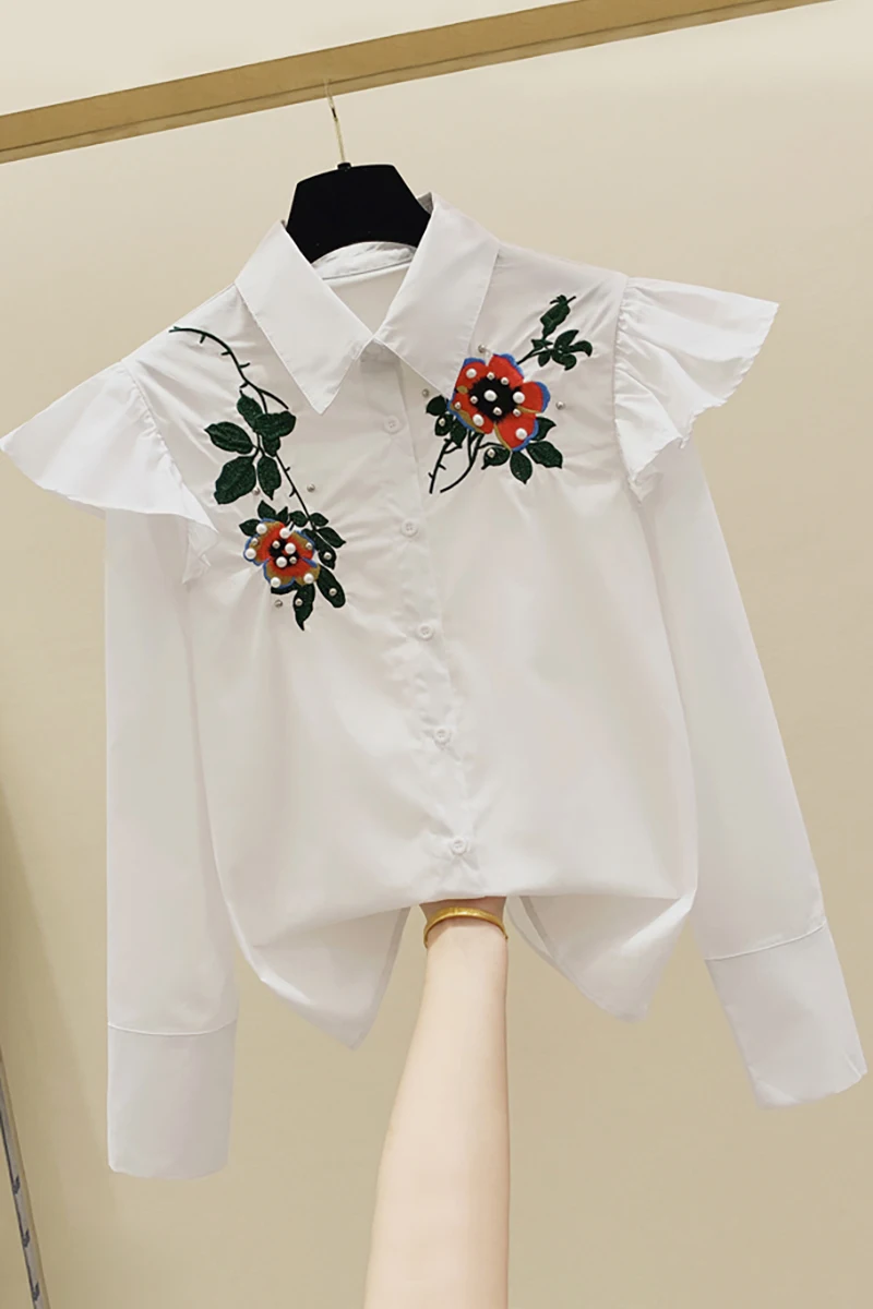 

Embroidered Beads Flounced White Embroidered Shirt Women's White Blouse 2020 Spring Clothing Loose Ladies Blouses Tops Blusas