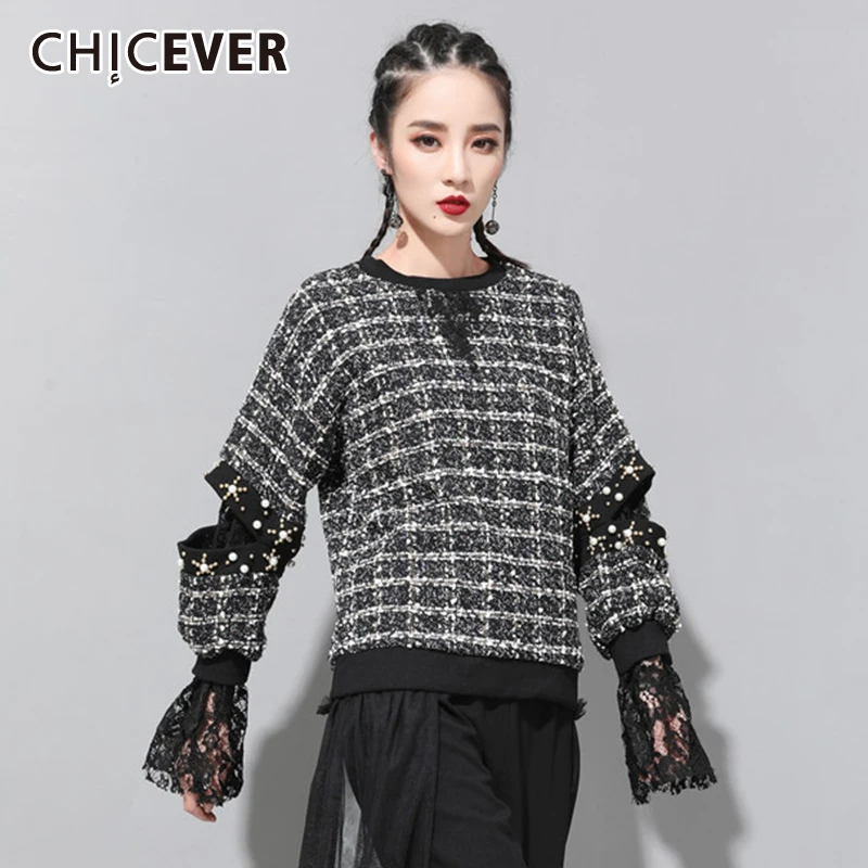 

CHICEVER Casual Loose Sweatshirt For Women Round Neck Plaid Lace Hem Patchwork Hollow Out Pullovers Female 2021 Autumn Clothing