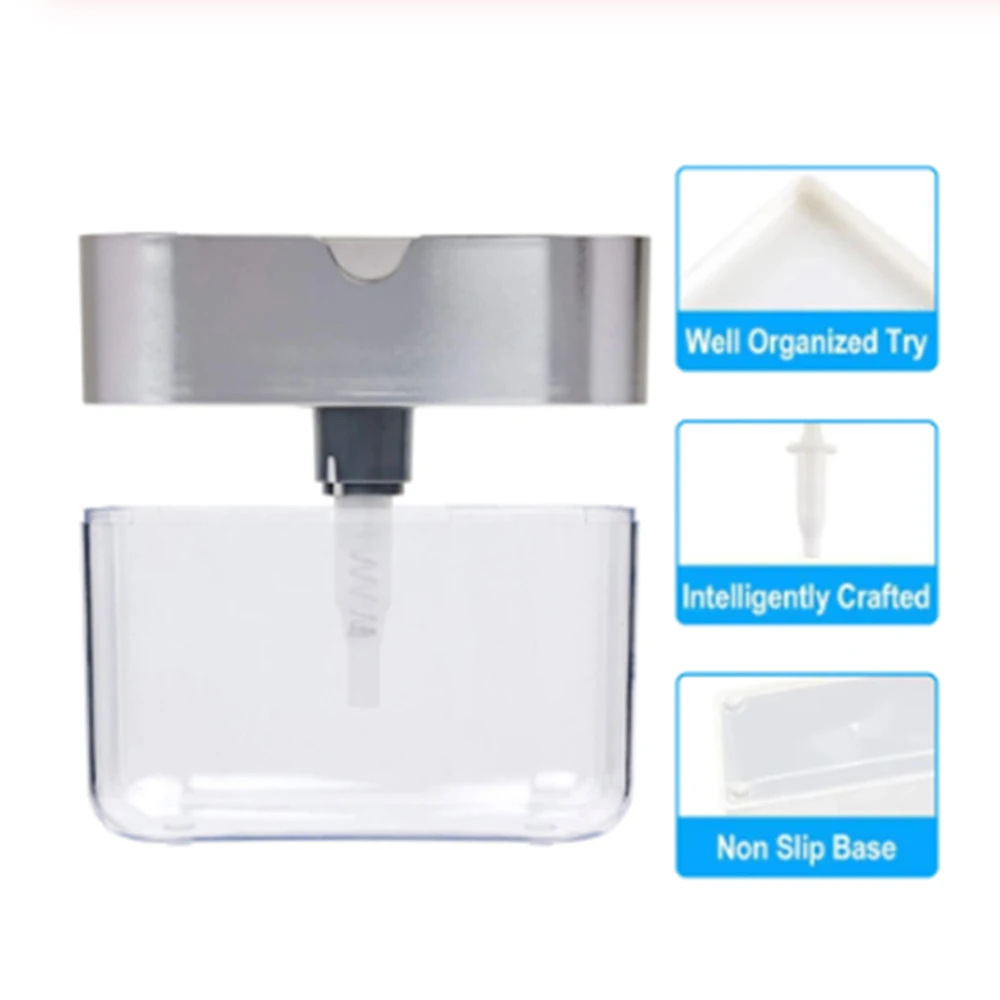 

Kitchen Cleaner Tool Soap Pump Dispenser with Sponge Holder Cleaning Liquid Dispenser Container Manual Press Soap Organizer