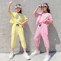 teenage for kids girls summer korean clothes suit short sleeve cropped trousers 2pcs cute tracksuit for children 6 8 10 12 14y
