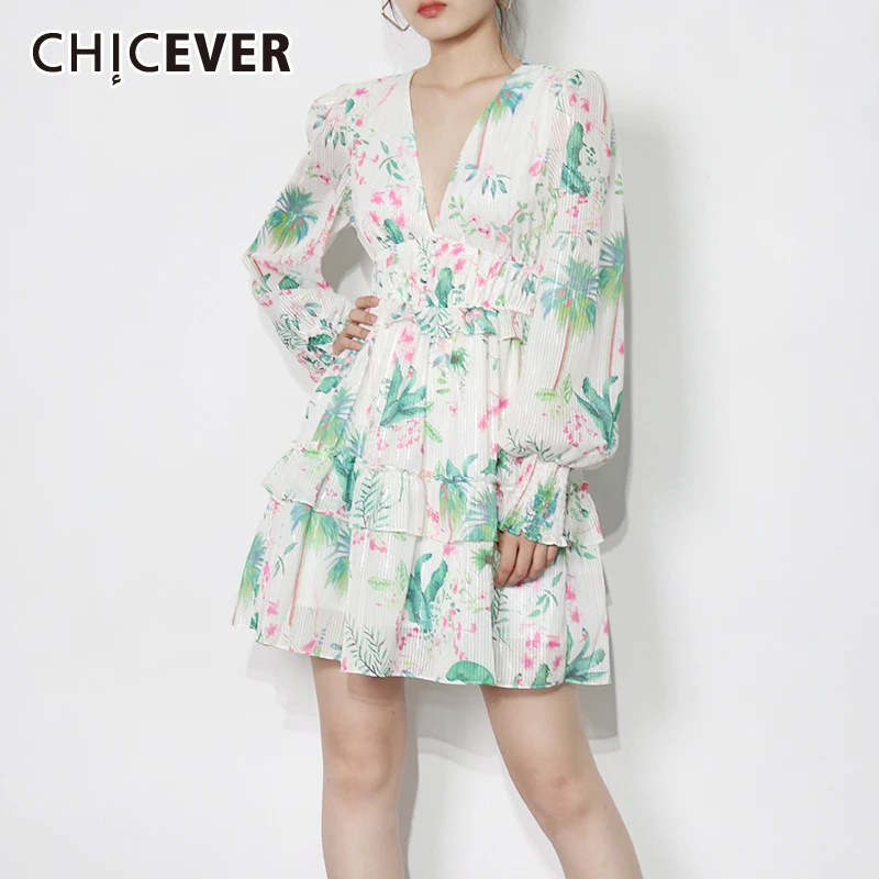 

CHICEVER/мини-платье-туника с принтом для женщин, v-образный вырез, длинный рукав, высокая талия, цветные платья, женская мода, новая стильная оде...