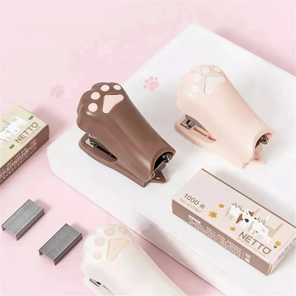 

Cute Cat Paw Mini Stapler Set with 1000pcs 12# Staples Cartoon Kawaii Stationery Binding student Office School Accessories