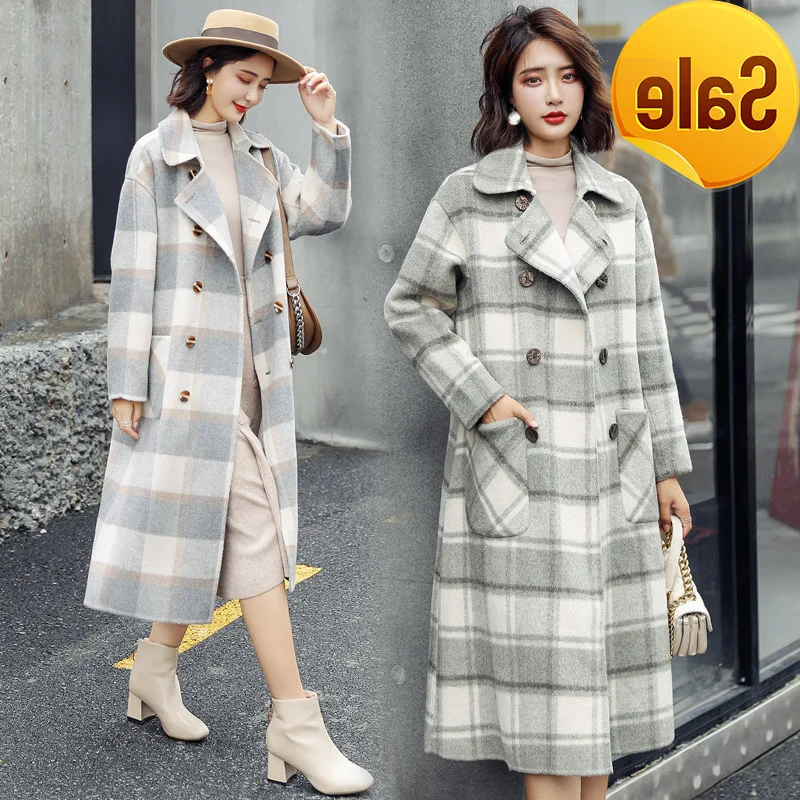 

Women Sweet Plaid for Long Coat Wide-waisted Wool Coat Jacket Turn-down Collar Pockets Women Clothes