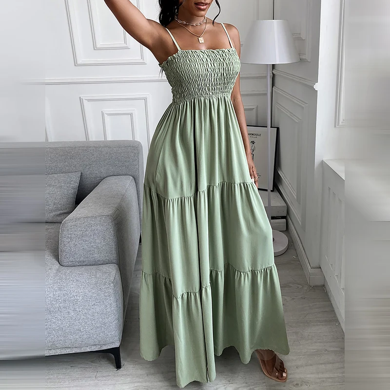 

Женские Элегантные повседневные свободные однотонные платья макси, женское длинное платье на бретелях-спагетти с оборками