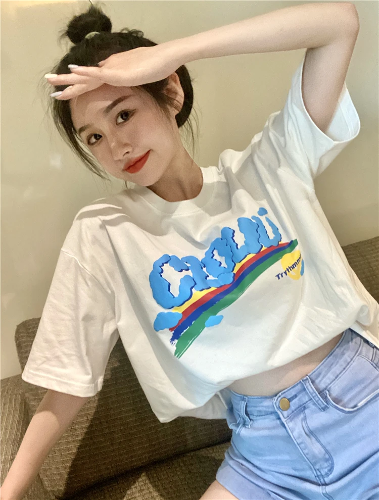 

YTX795 2021 new ladies simple loose rainbow letters bubble craft printing round neck T-shirt women