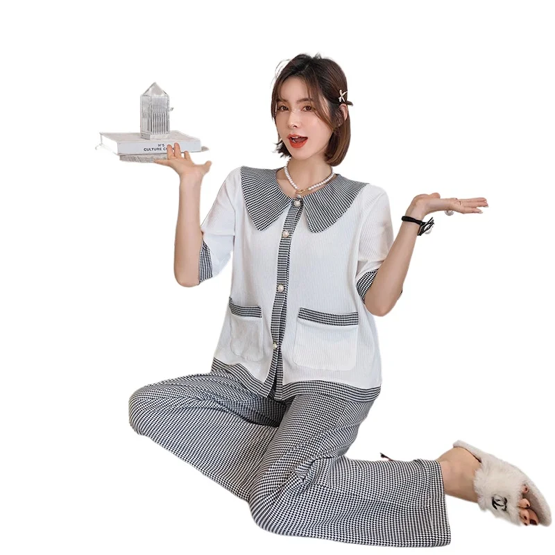 

Sweet Plaid Doll Collar Color Matching Short-sleeved Trousers 2021 Pijama Corto Mujer Knitted Cotton Pajamas Two-piece Home Wear