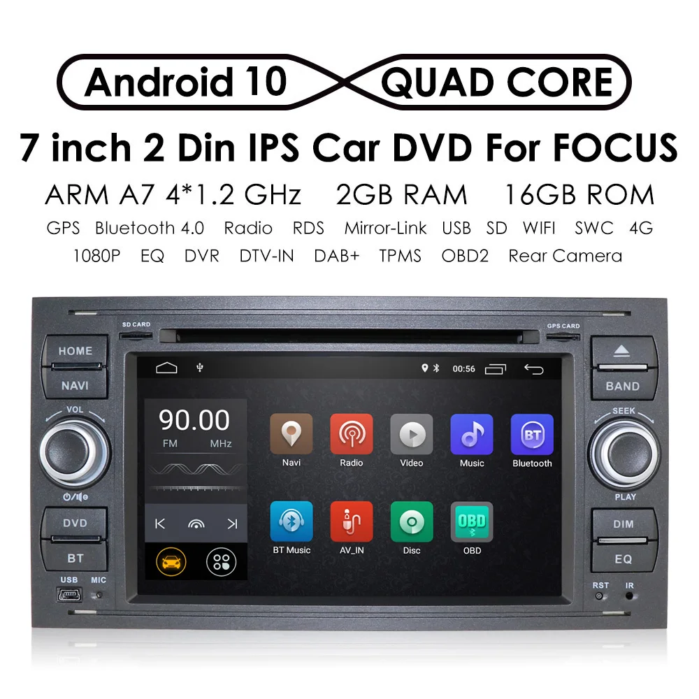 

7 Inch DSP IPS 2 Din Android 10 Car GPS For Ford Mondeo S-max Focus C-MAX Galaxy Fiesta transit Fusion Connect kuga DVD Player