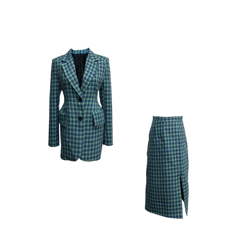 Sets Autumn Elegant Women Office Plaid Long Sleeves Single-Breasted Pocket Suit Jacket + Suits Formal Skirt Set
