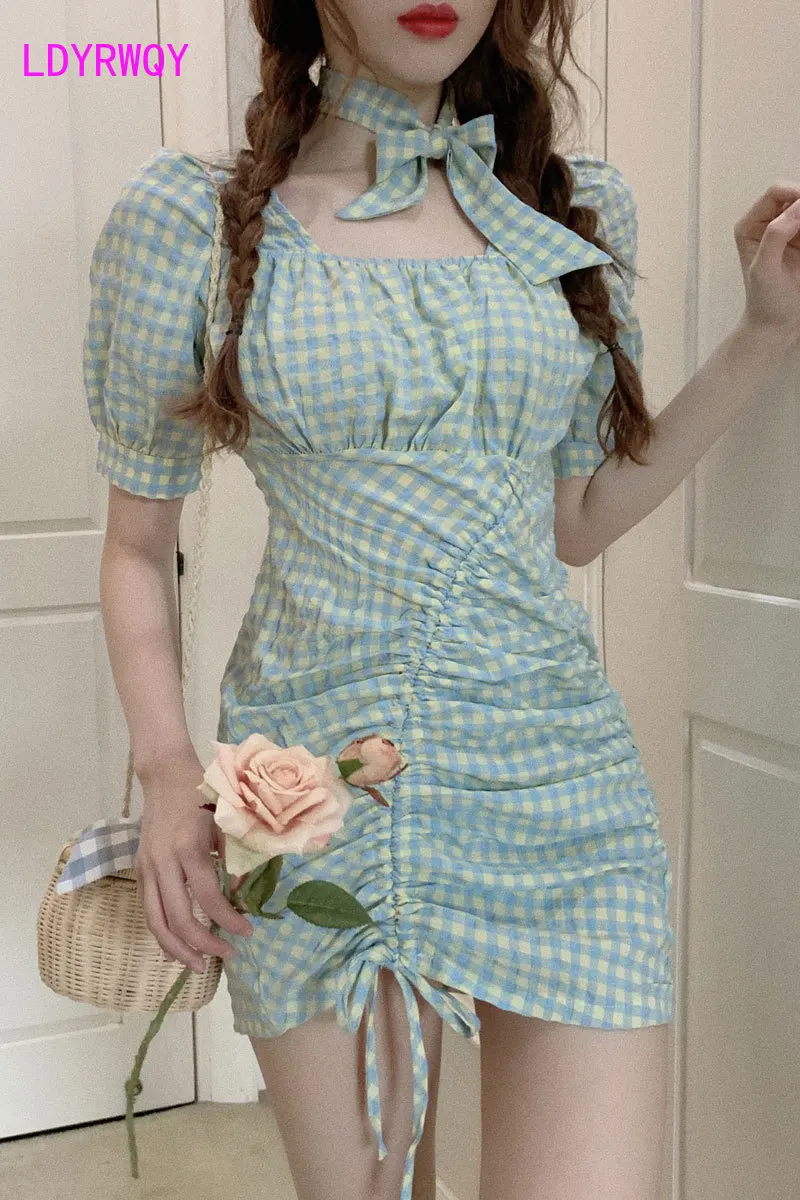 

Korean version of new style retro ancient ways plaid receives waist fold pull rope to show thin wrap buttock dress