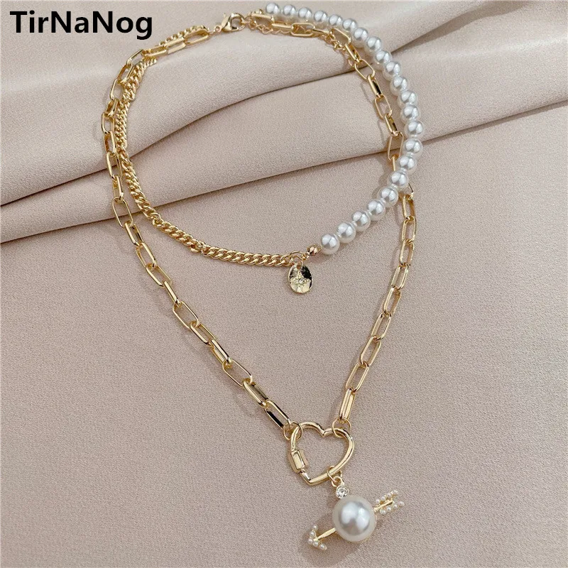 

Han Edition Baroque Pearls Splicing Clavicle Necklace Contracted Sword Wear Heart Double Cascading Chain Women Jewelry Gifts