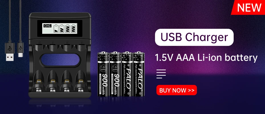 PALO 1.5V AA Li-ion Rechargeable Batteries+1.5v AAA Li-ion Rechargeable Batteries with LCD Smart 1.5V Lithium Battery Charger