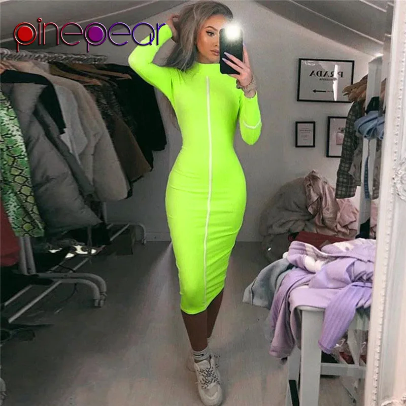 Fluorescent Yellow PinePear полосатый Patchwoork с длинным рукавом Водолазка платье женская зимняя модная облегающая спортивная одежда длинные платья Прямая - Цвет: Fluorescent Yellow