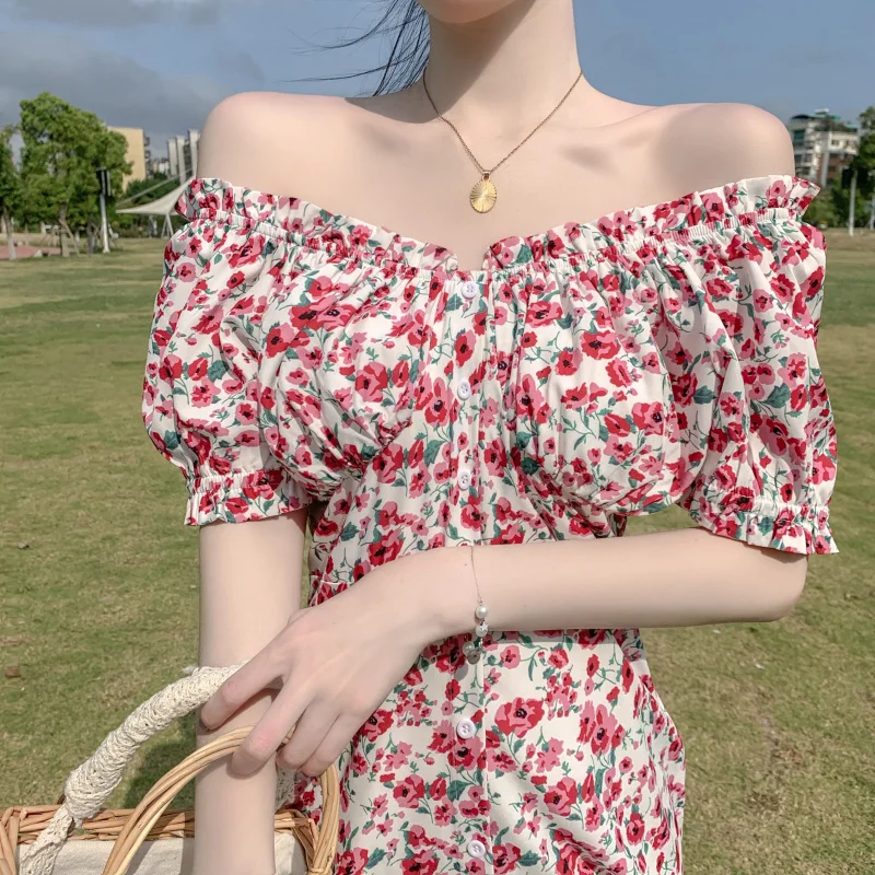 

Slash Neck Off Shoulder Chic Fashion Brand Mini-dresses Korean Clothes Woman Print A-line Short Dress Summer Style New 2021