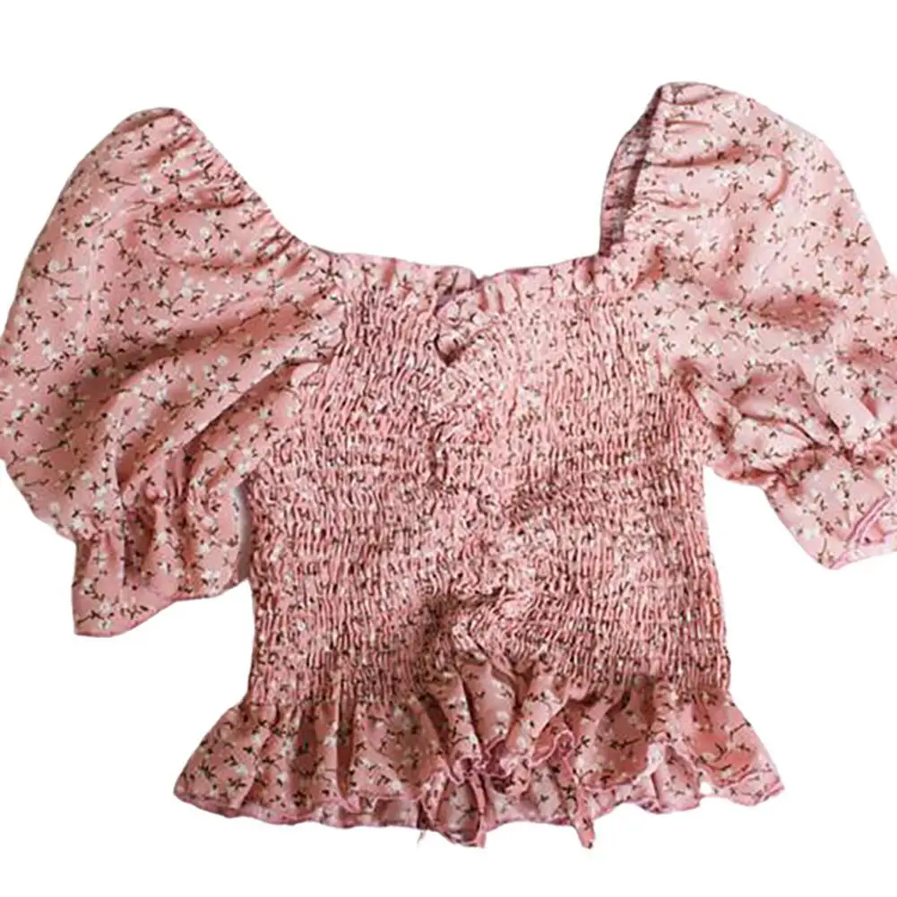 

Women Sweet Square Neck Short Sleeve Ruffled Hem Floral Print Crop Top T-shirt Female Fashion Cotton Tops Woman Clothing