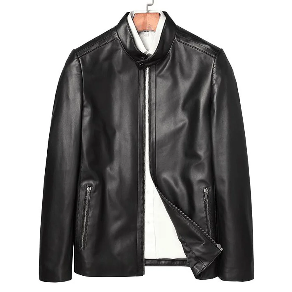 

Куртка мужская из натуральной овечьей кожи, модная весенняя верхняя одежда из натуральной кожи с воротником-стойкой, повседневная кожаная ...