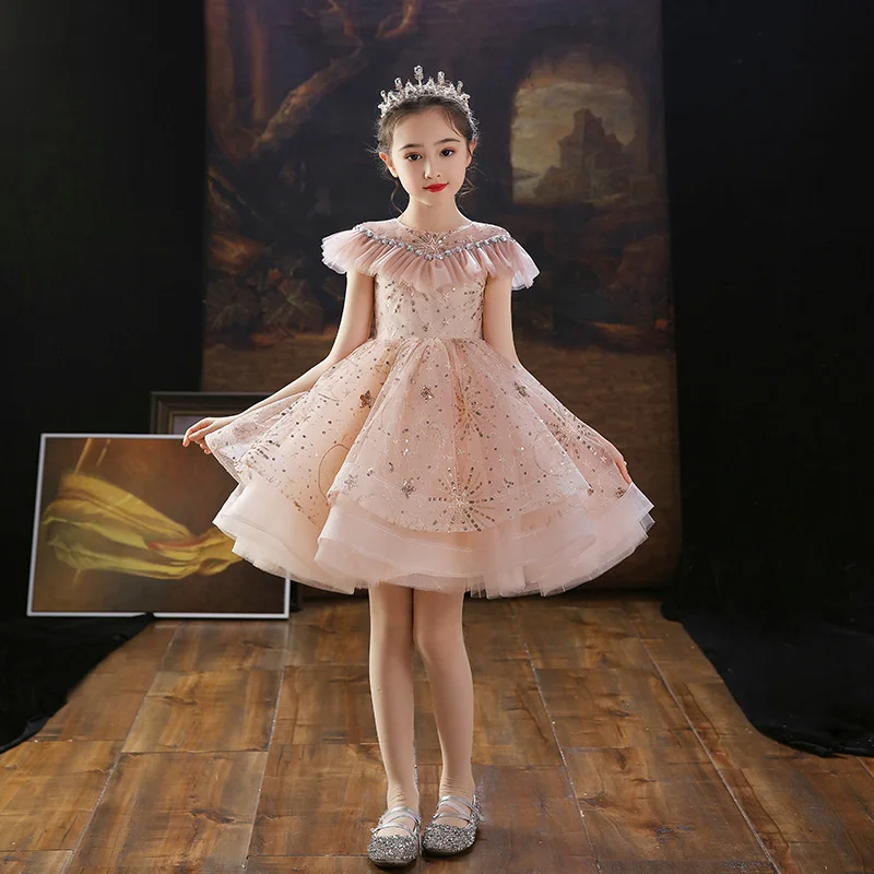 

Pink Children Birthday Party Dresses Princess Puffy Kids Special Occasion Gowns Sequin Tulle Flower Girl Dresses