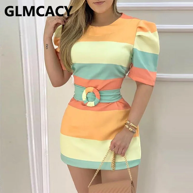 Женское повседневное облегающее мини платье в полоску с рукавами