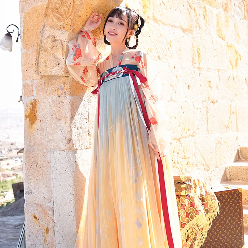 

Новинка, женская одежда ханьфу, женский костюм для классических танцев в китайском стиле, элегантная сценическая одежда ханьфу династии Та...