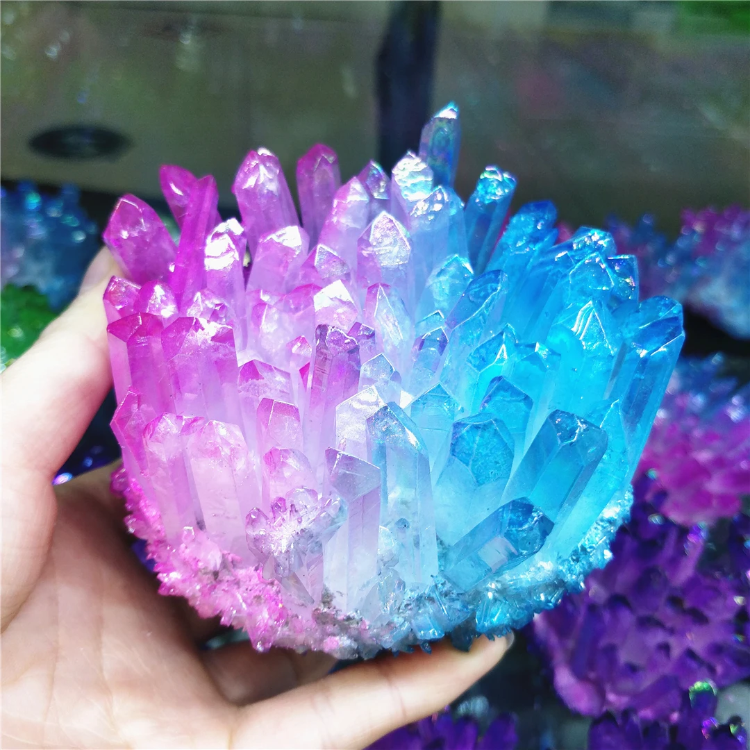 

Dual Color Electroplated Natural Crystal Cluster Specimen Raw Rock Quartz Flowers Angel Aura Stones Pop Gift Modern House Decor
