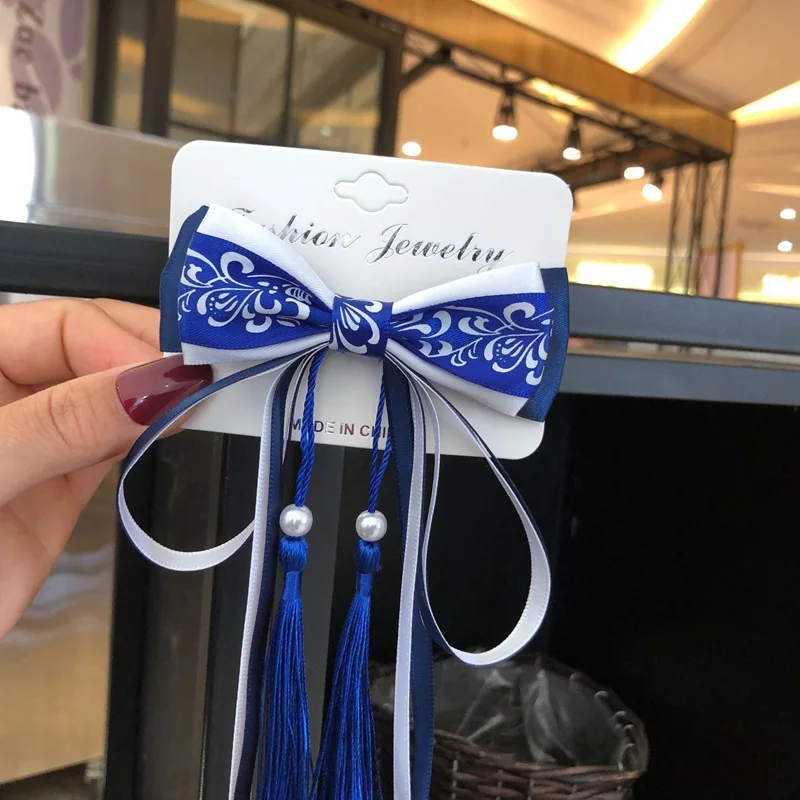 Заколка для волос с кисточками белый и синий зажим в китайском старинном стиле