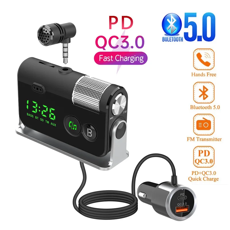 

NEW Bluetooth 5.0 Car Kit Handsfree FM Transmitter AUX Audio Rece Car MP3 Player QC3.0+PD 18W USB Charger with Removable Mic