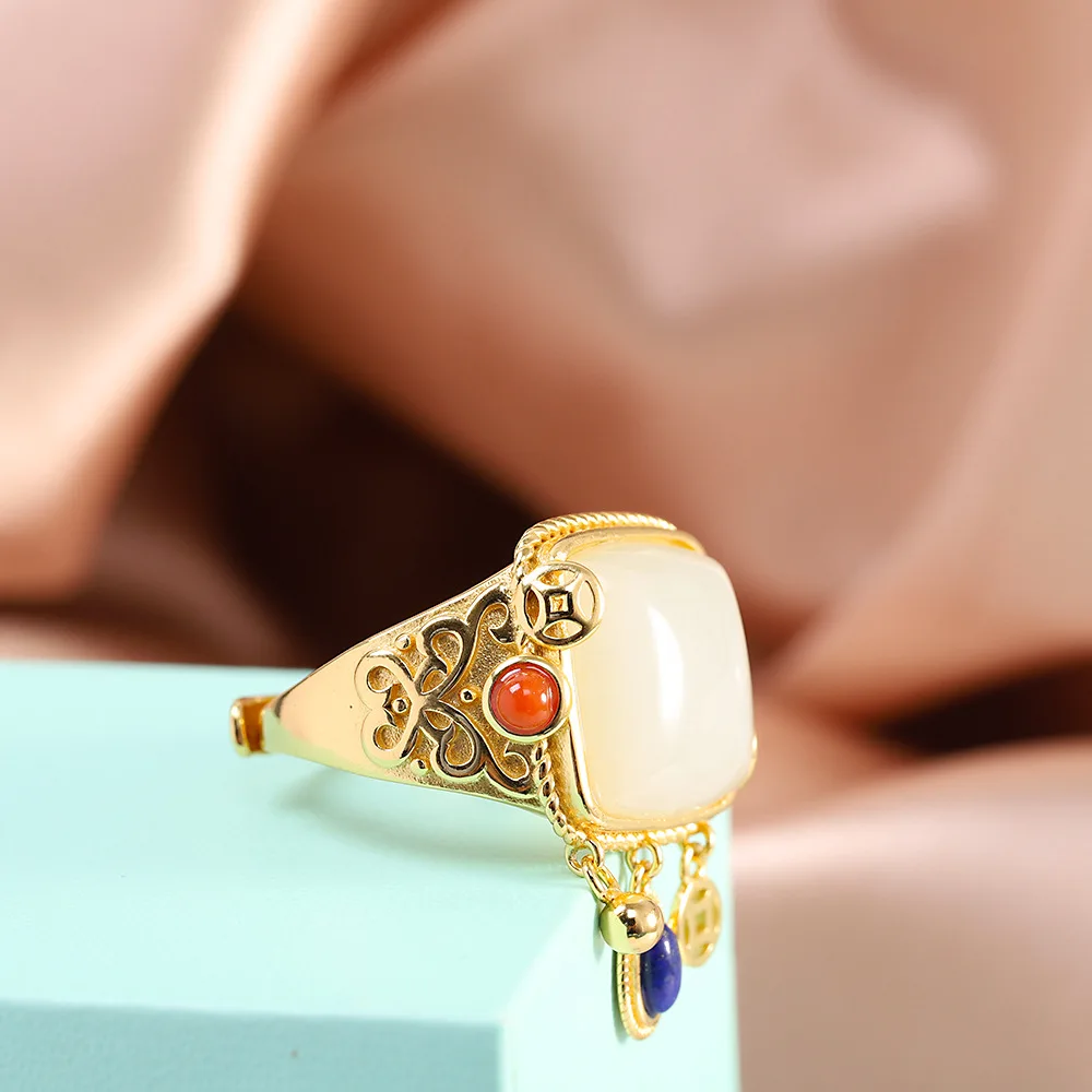 

MetJakt S925 Sterling Silver Gold-Plated Women's Vintage Chinese-Style Inlaid Hetian Jade Red Agate Ring