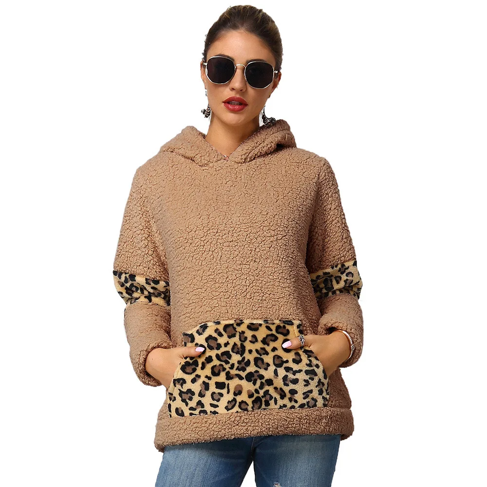 

RICORIT Hoodies Thicken Plush Leopard Stitching Long Sleeve Hooded Sweatshirt Women Casual Pocket Pullover Winter Sweatshirts