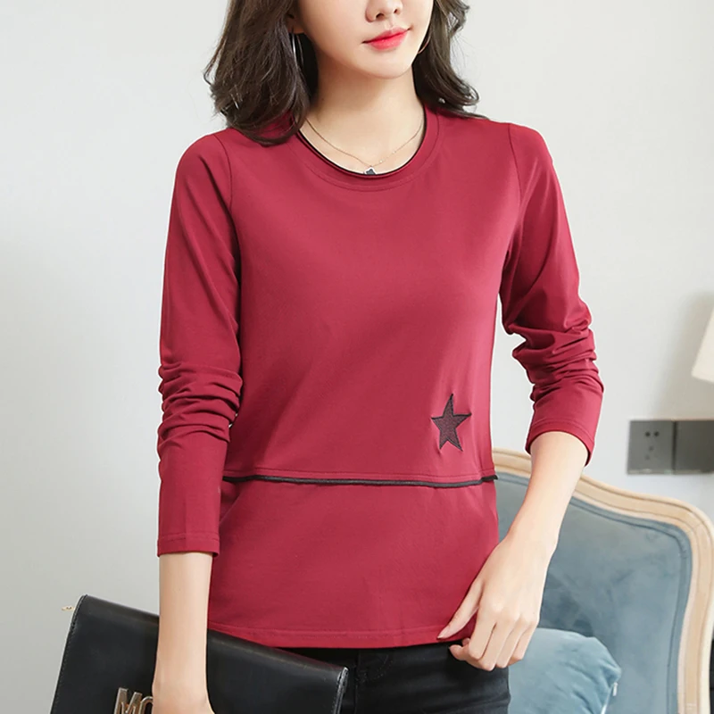 

Shintimes Embroidery Geometric Long Sleeve T-Shirt 2021 Fall T Shirt Women Tops Cotton Korean Fashion Plus Size Woman Clothes