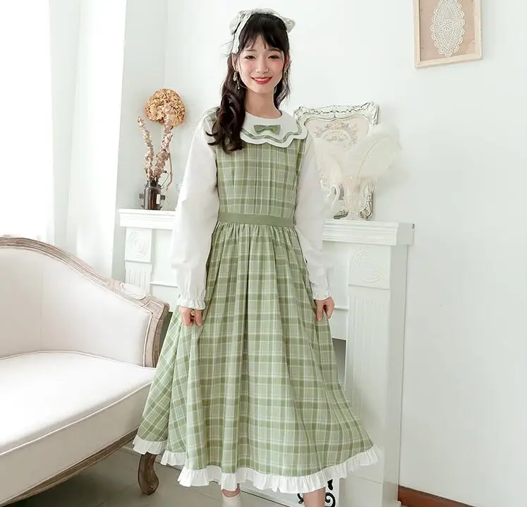 Платье в английском стиле Сладкая Лолита винтажное готическое клетку с бантом и