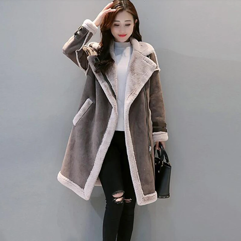 Женское замшевое пальто на молнии длинное мотоциклетное из искусственной кожи