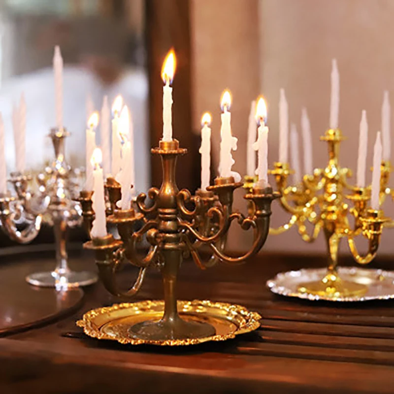 

1Set Dollhouse Miniature Candles and Candlestick Birthday Party Cake Candle Holders Toppers For Dollhouse Decals New