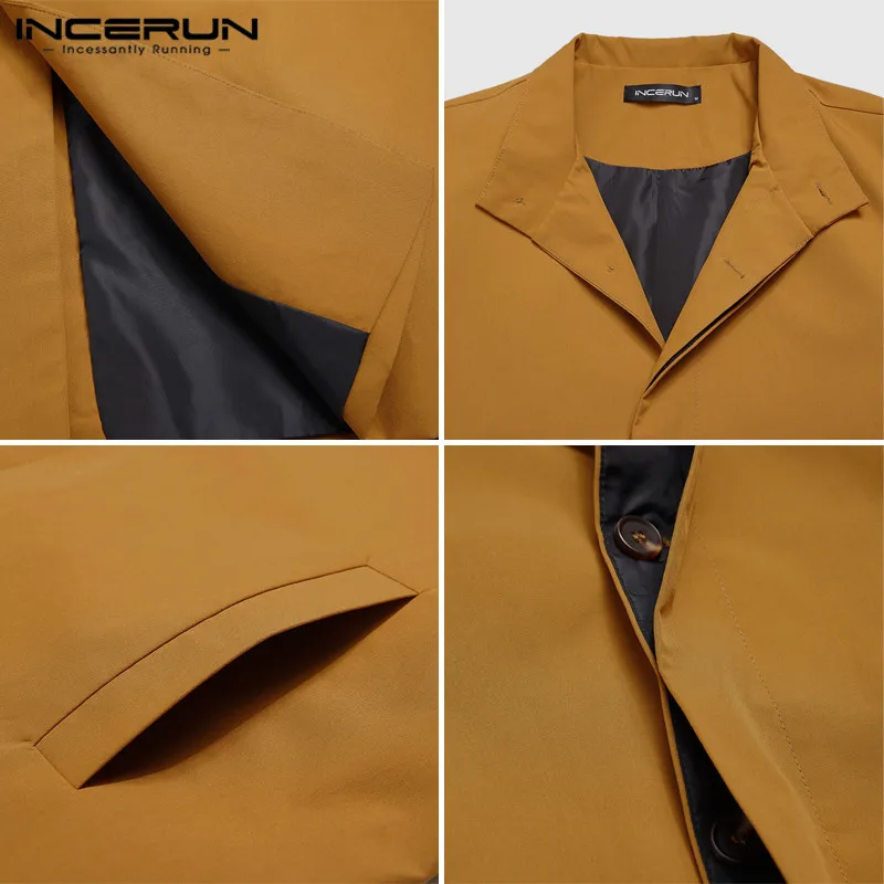 

INCERUN Fashion Men Trench Solid Windproof Streetwear Lapel Coats 2021 Autumn Winter Long Sleeve Button Chic Windbreaker Jackets