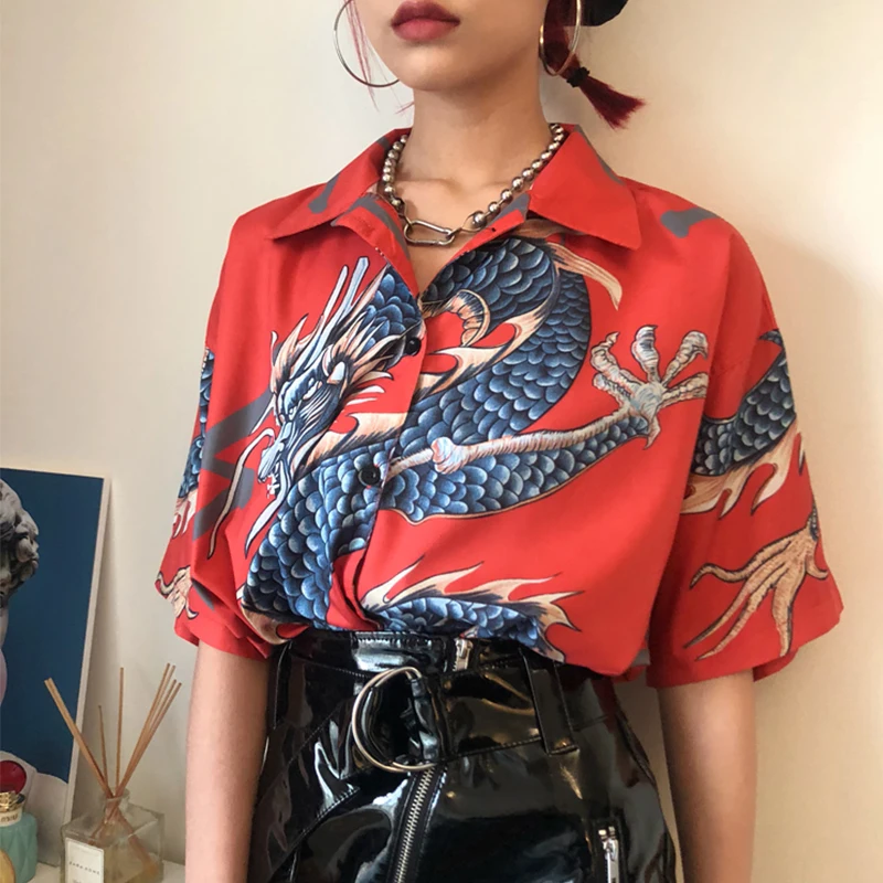 

Summer Spring Women Blouses BF stylle oversize shirts Harajuku Tops Dragon Print Short Sleeve Shirts Female Streetwear
