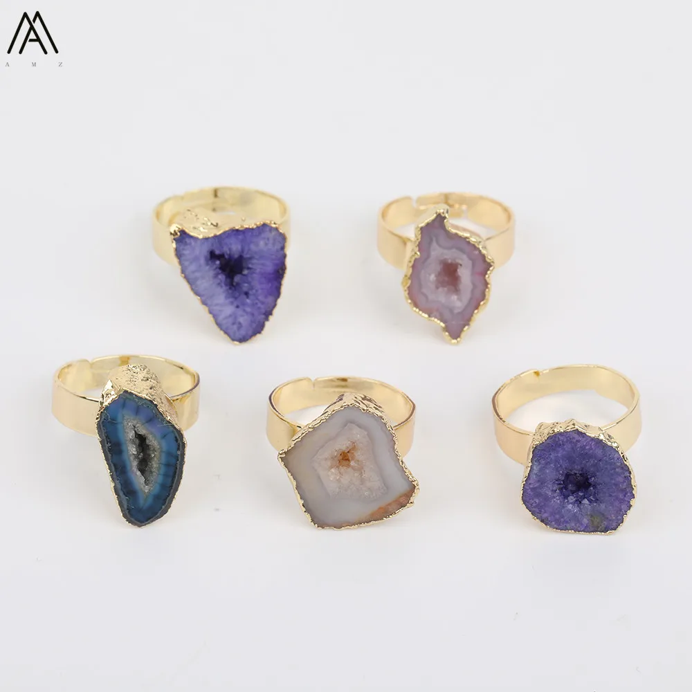 Случайная нерегулярные Druzy Агаты кольцо для женщин ювелирные изделия, роскошные женские с отверстием Золото Drusy Агаты Камень Регулируемое Кольцо YT-155AMAJ