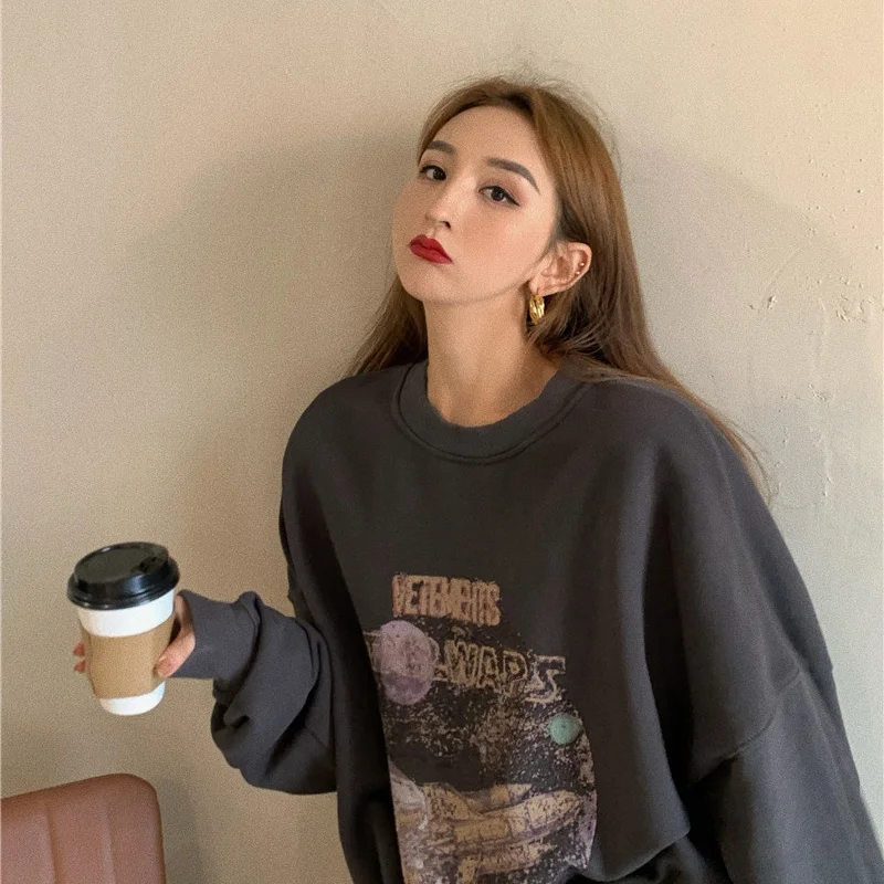 

Korean Version Early Autumn New Casual 2021 Women's Sweatshirts O-neck Black Long Sleeve Rocket Pattern Loose Pullovers Hoodies