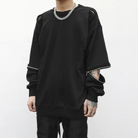 mens new european and american hip hop street zipper design ripped hole go with everything fashion trend large size pullover