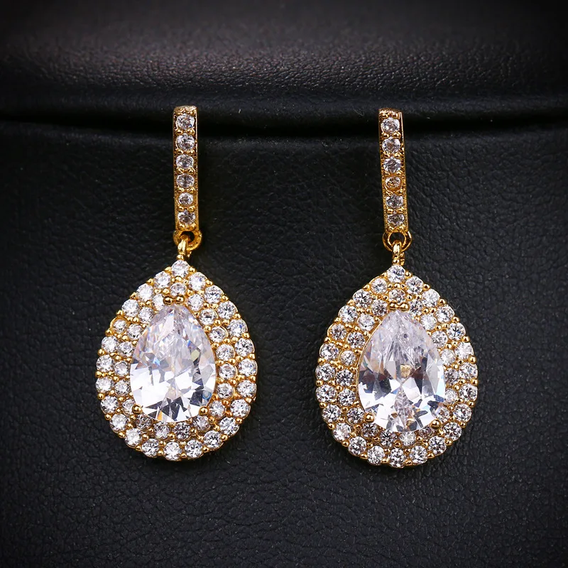 

SLBRIDAL Trendy Bijoux Anti-allergic Girl Fashion Cubic Zircon Earring WaterDrop CZ Earring Women Dangle Bridal Wedding Earring