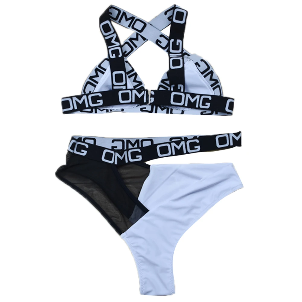 Женский купальник ESSV классическое бикини с надписью OMG бандажный лямкой на шее