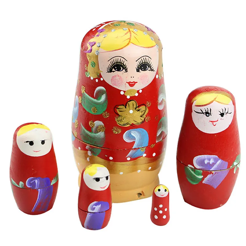 

Set Of 5 Pcs Dolls Wooden Russian Nesting Babushka Matryoshka Hand Painted Gift