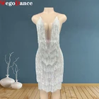 Новинка, женское блестящее серебристое прозрачное короткое платье стразы с бахромой, платье на день рождения с V-образным вырезом для танцев на выпускной