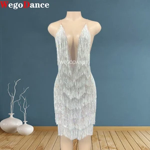 Новинка, женское блестящее серебристое прозрачное короткое платье стразы с бахромой, платье на день рождения с V-образным вырезом для танцев на выпускной