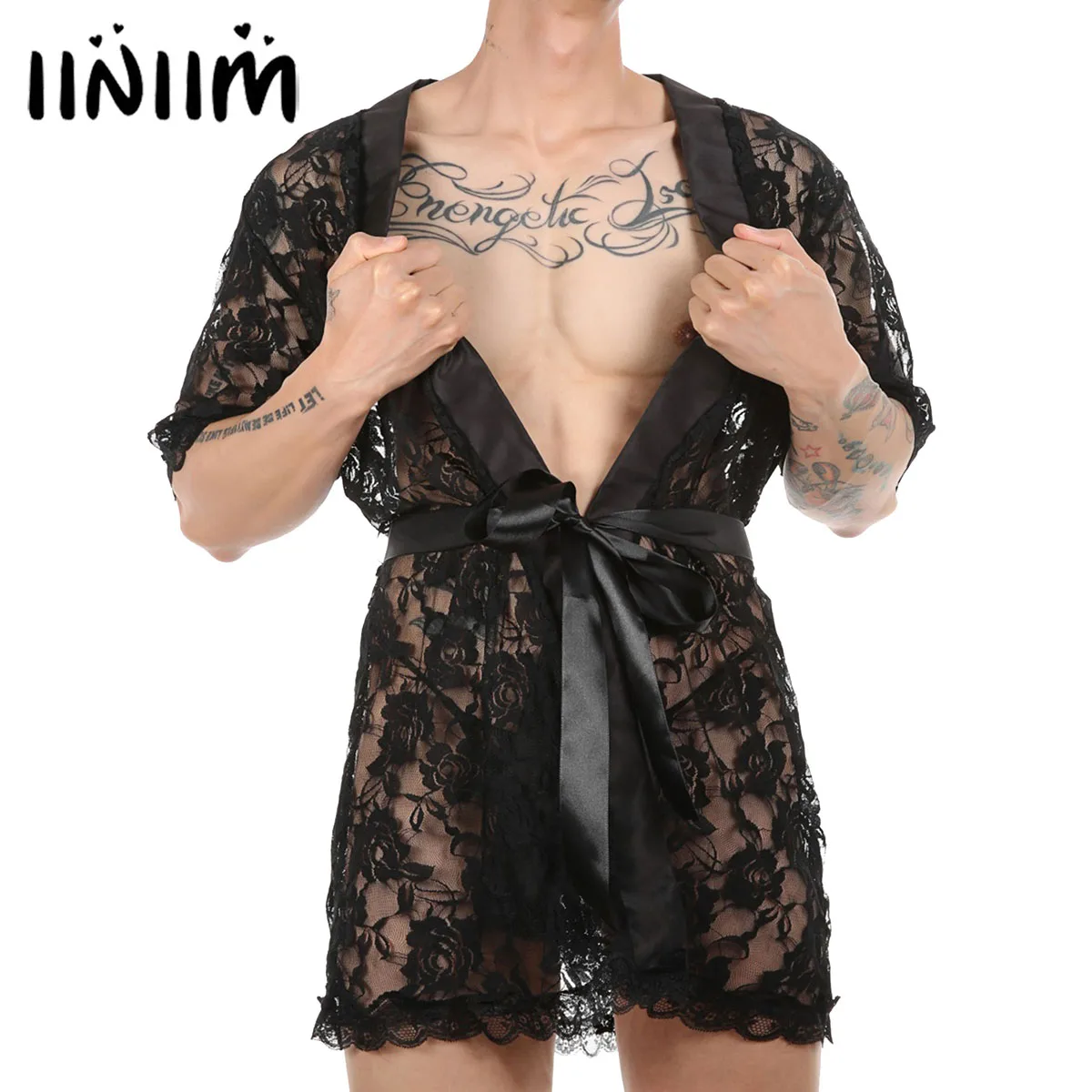 

Mens See-Through Lace Night-Robe Short Sleeve Cardigan Bathrobe Lungewear Sissy Nightwear Sleepwear with T-back Belt
