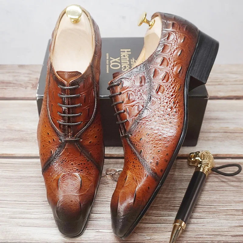 Luxury Men Leather Shoes Crocodile Pattern Men's Oxford Casual Dress Mens Shoes Black Brown Lace Up Wedding Office Formal Shoes