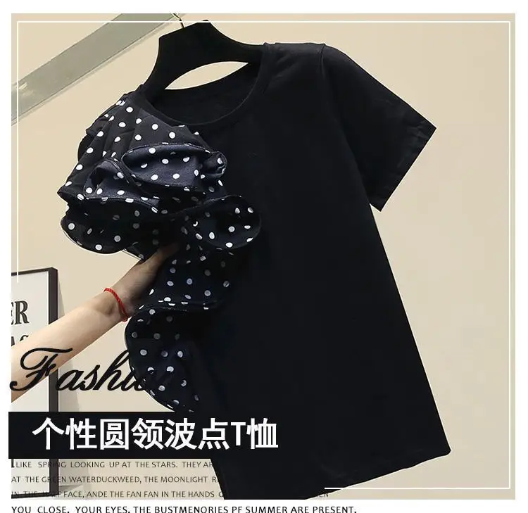 

Summer Patchwork Wave Point Ruffles Patchwork Cotton Black White Solid O Neck T-shirt Women's 2021 Loose Tops