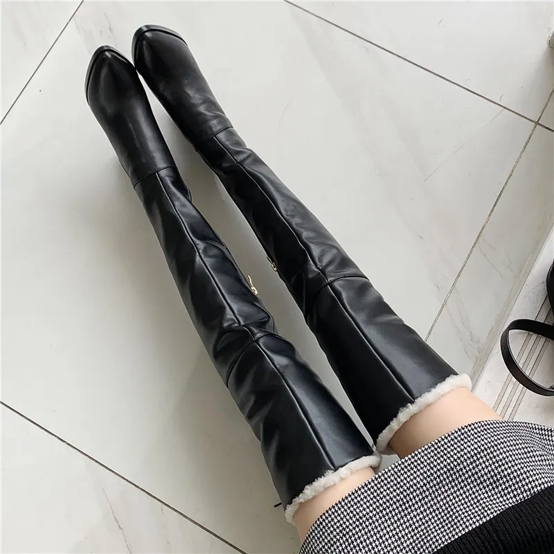 

New Winter Super High Warm Over-the-knee Women Thigh High Boots Lady Shoes Wool Lining Black Sheep Suede Leather Crude Heel 9cm
