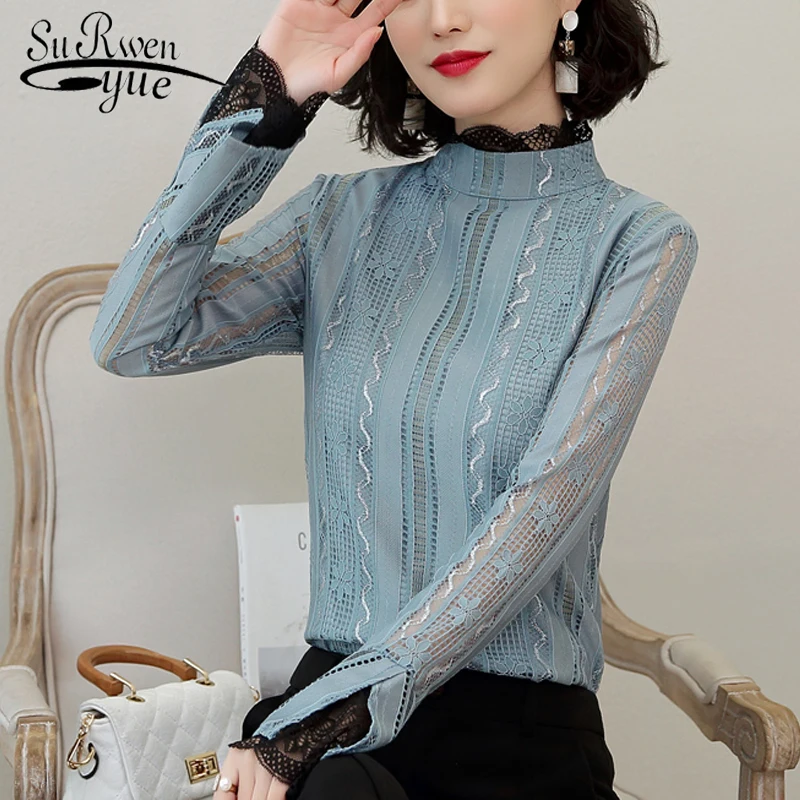 Женские рубашки Однотонные блузки женские кружевные с длинным рукавом blusas mujer de