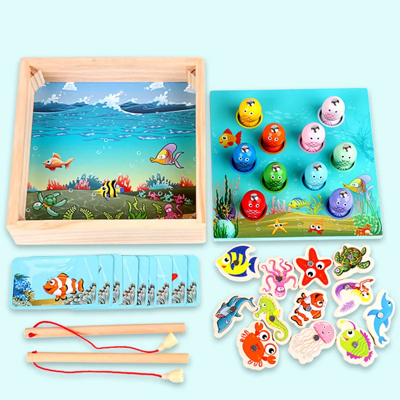 

IKAUOIE Kid Wooden Toys Magnetic Games Fishing Toy Game Kids 3D Fish Baby Kids Educational Toys Outdoor Funny Boys Girl Gifts