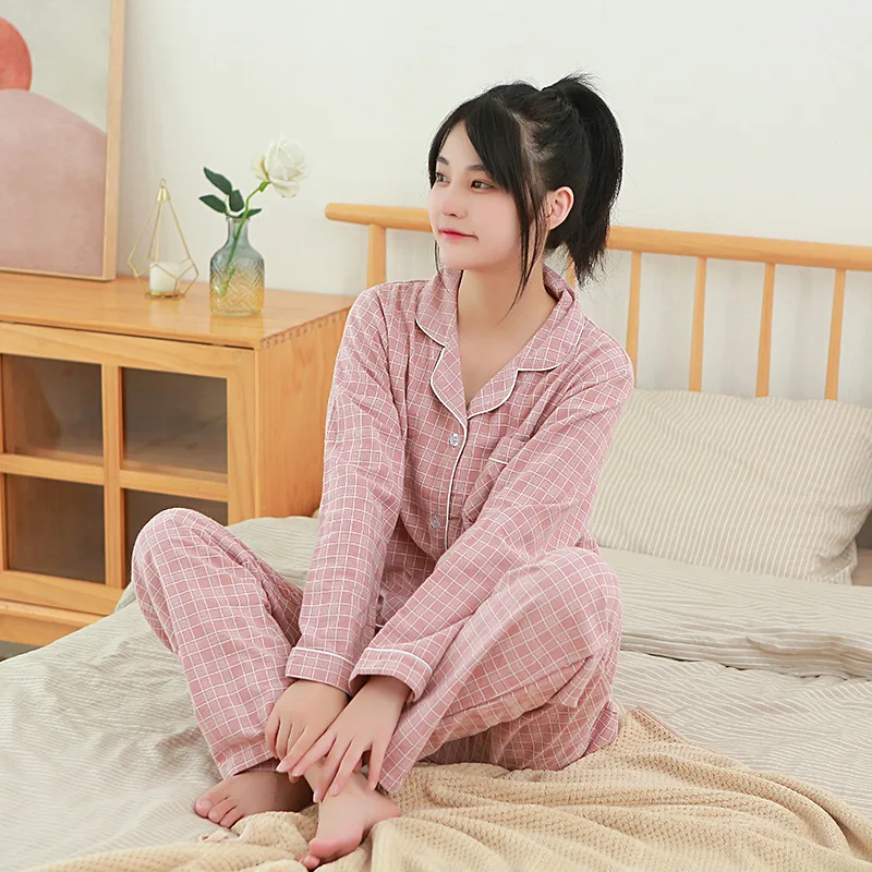 

Lovers Plaid Sleep Suit Soft Cotton 2pcs Shirt&pants With Pockets Couple Turn Down Collar Pajamas Set Intimate Lingerie Homewear