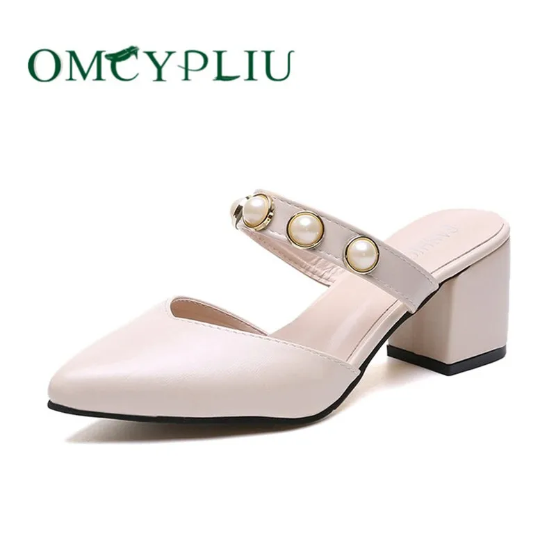 

Женские летние тапочки 2020, Модные женские сандалии с полукруглым носком, на высоком каблуке, с жемчугом, большие размеры