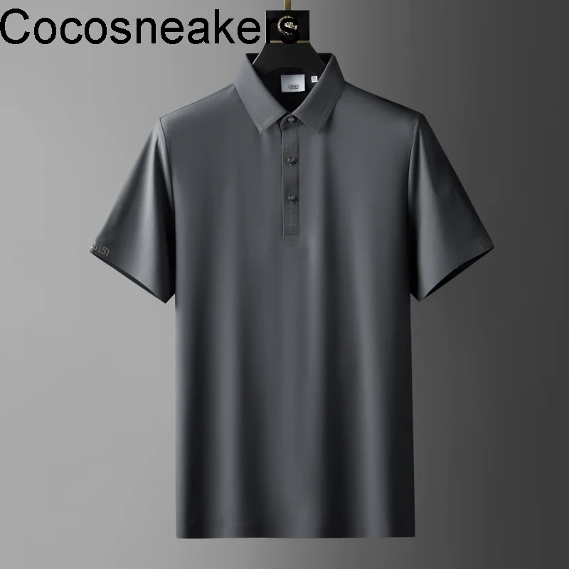 

Summer high-end Lapel ice silk elastic polo men's fashion slim pressing rubber short sleeve no iron silk slip t-shirt men